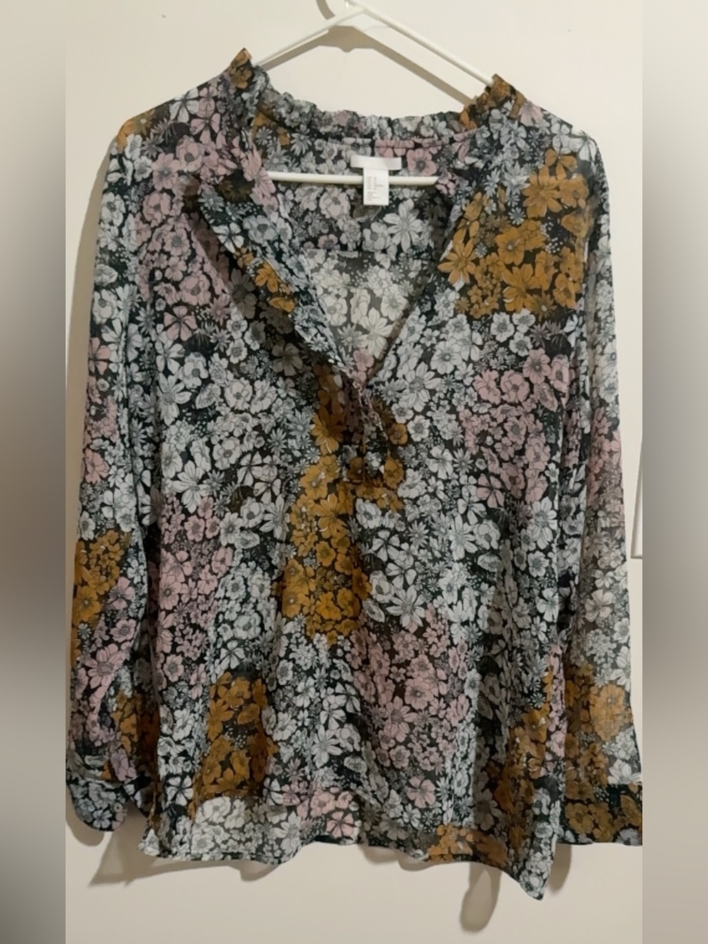 H&M Floral Ruffle V-Neck Blouse - Pink, Mustard, Black